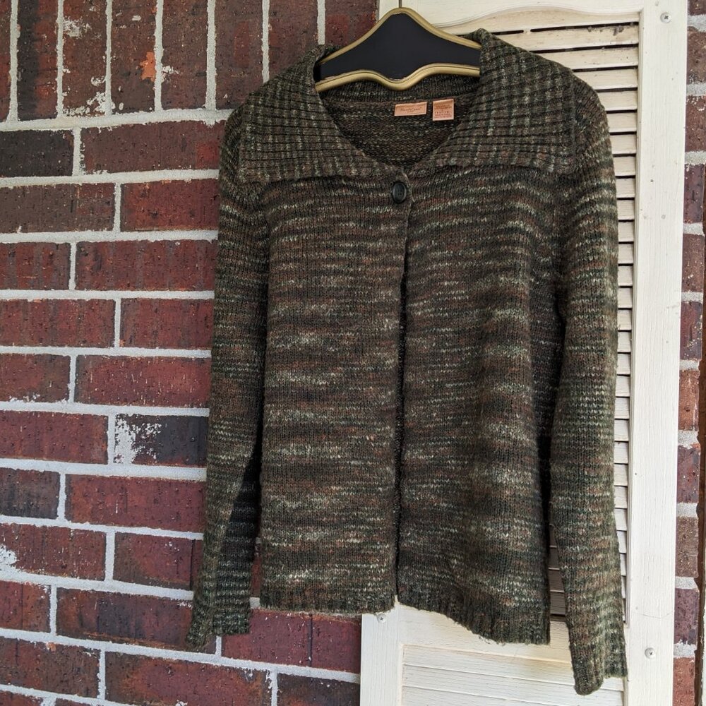 Women's North Crest Green Brown Multi Color Sweater Cardigan One Button Large